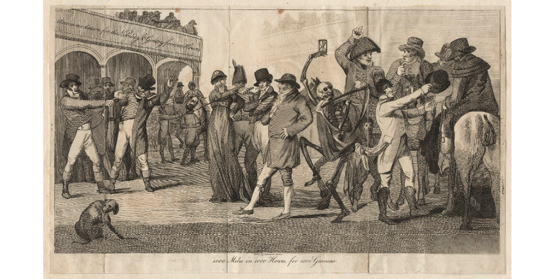 Captain Barclay, tailed by death, walks “1000 miles in 1000 hours for 1000 guineas.”